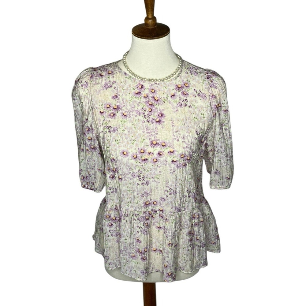 Peplum Blouse Women's M‎ Purple Daisy Fairycore Cottagecore Whimsical Top